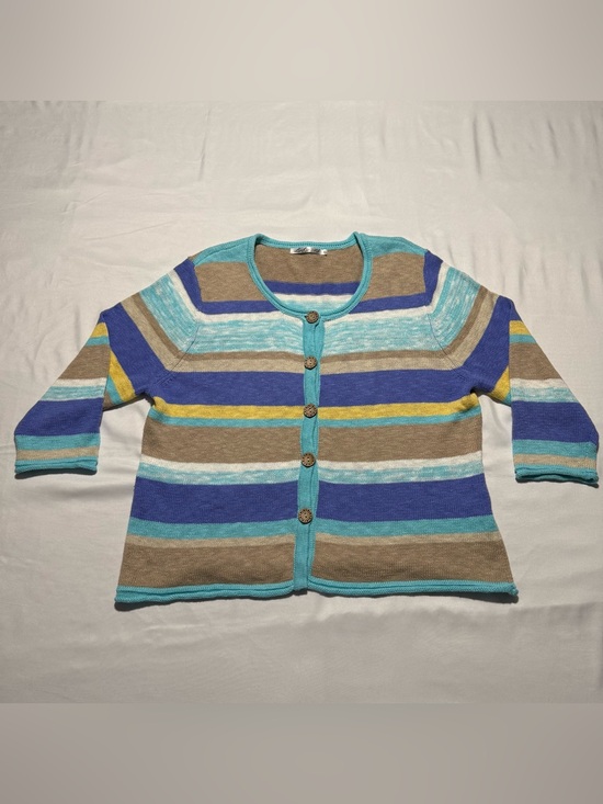 Lulu-B Tops - Lulu B Women’s XL Striped Knit Cardigan Sweater Blue Tan Yellow 100% Cotton